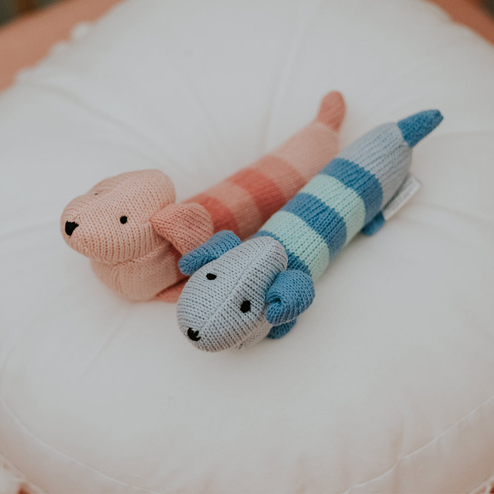 Knitted baby rattle - Dacshund blue and pink