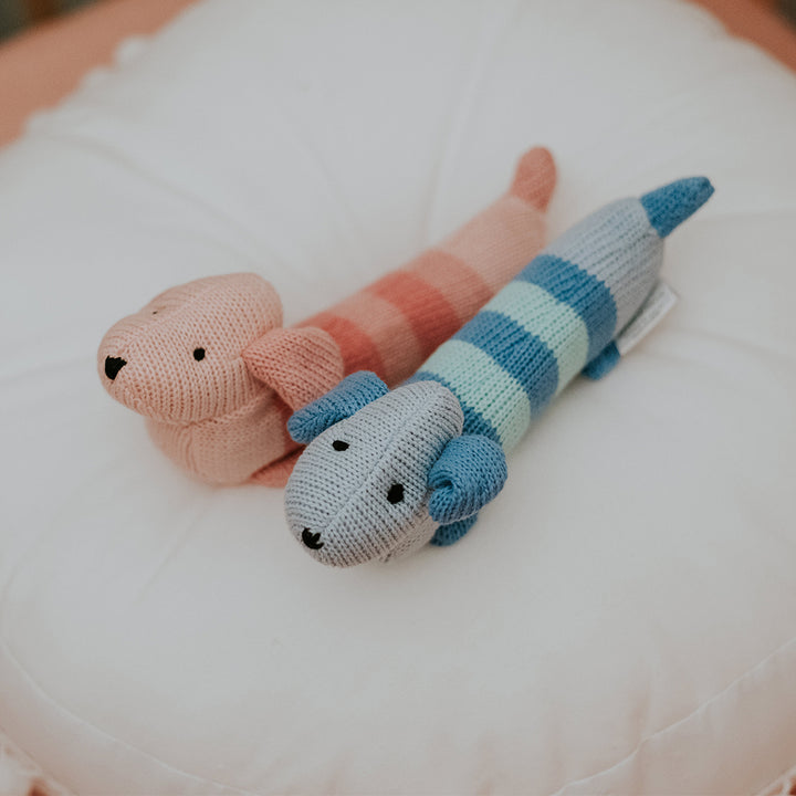 Knitted baby rattle - Dacshund pink and blue