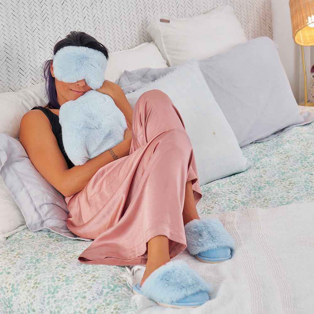 Cosy Luxe eye mask, hot water bottle cover and slippers