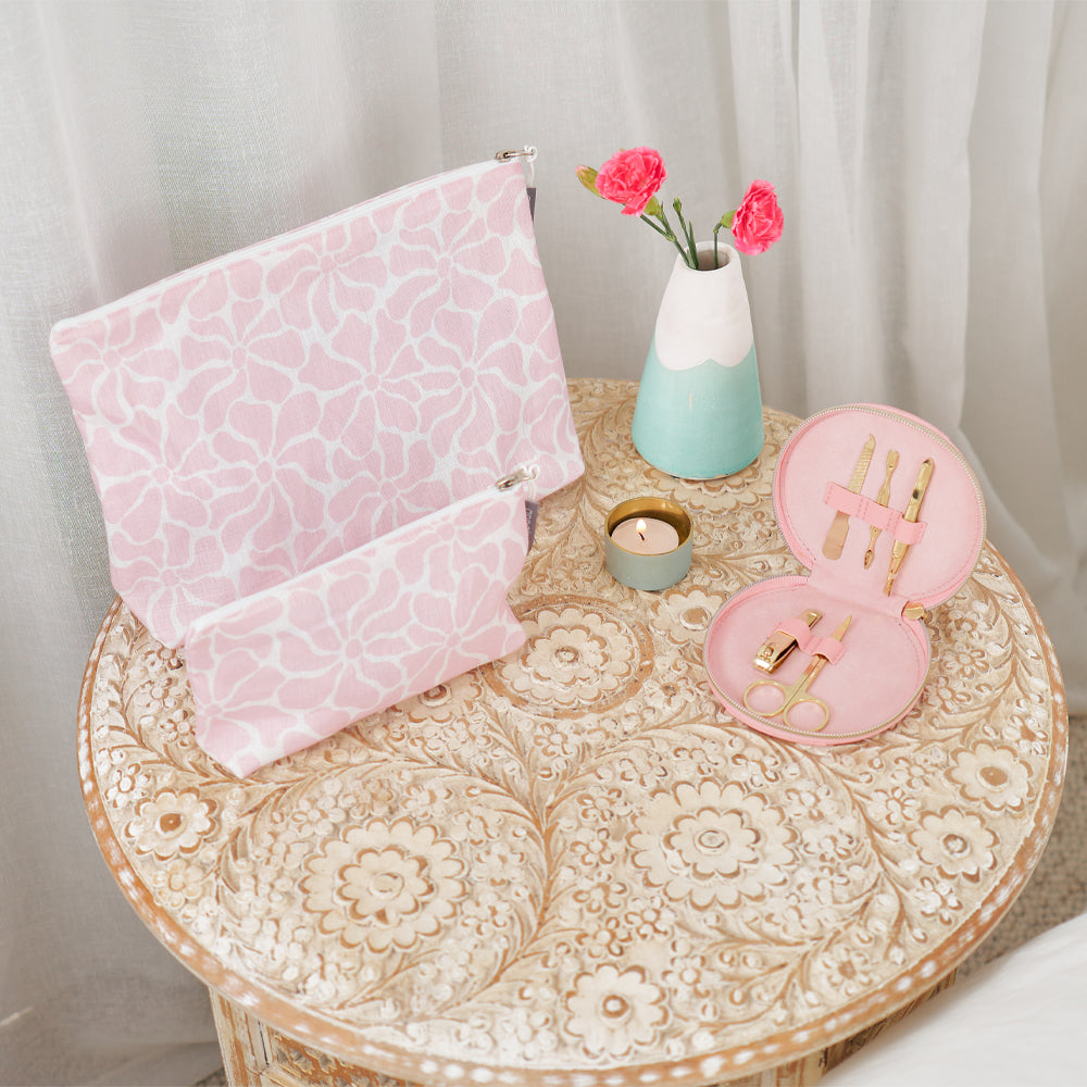 Cosmetic Bag - Linen - Large - Pink Petal Floral