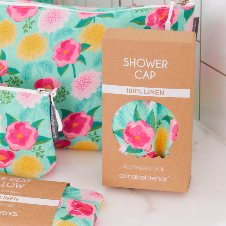 Shower Cap - Linen - Camellias Mint